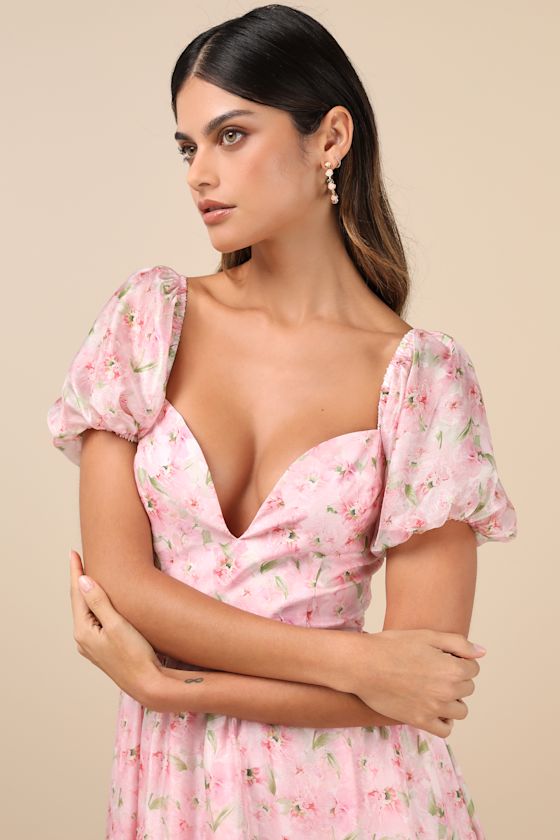 Lulus Sincerely Wondrous Pink Floral Puff Sleeve Tiered Midi Dress In Pink
