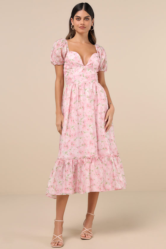 Lulus Sincerely Wondrous Pink Floral Puff Sleeve Tiered Midi Dress In Pink