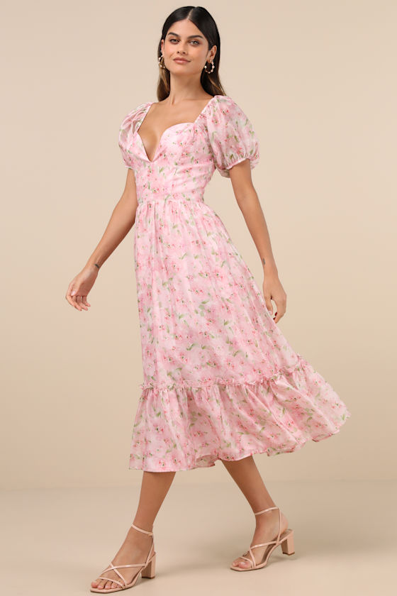 Lulus Sincerely Wondrous Pink Floral Puff Sleeve Tiered Midi Dress In Pink