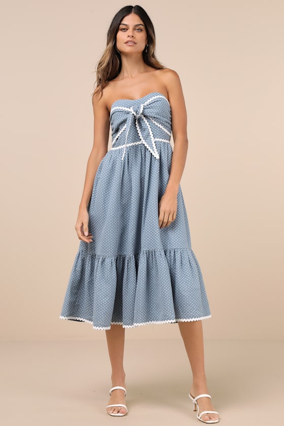 Image of Delightful Design Dusty Blue Polka Dot Midi Dress With Pockets
