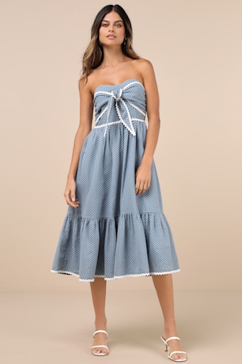 Delightful Design Blue Polka Dot Midi Dress With Pockets 1