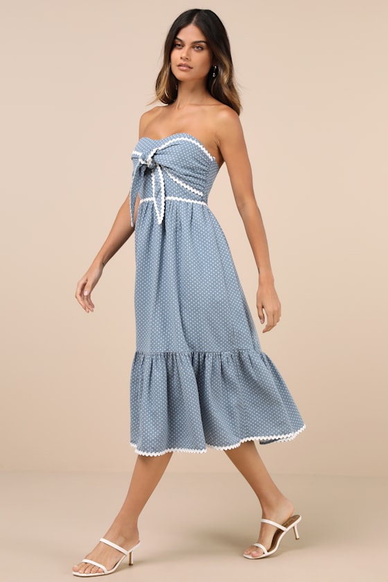 LULUS DELIGHTFUL DESIGN DUSTY BLUE POLKA DOT MIDI DRESS WITH POCKETS 