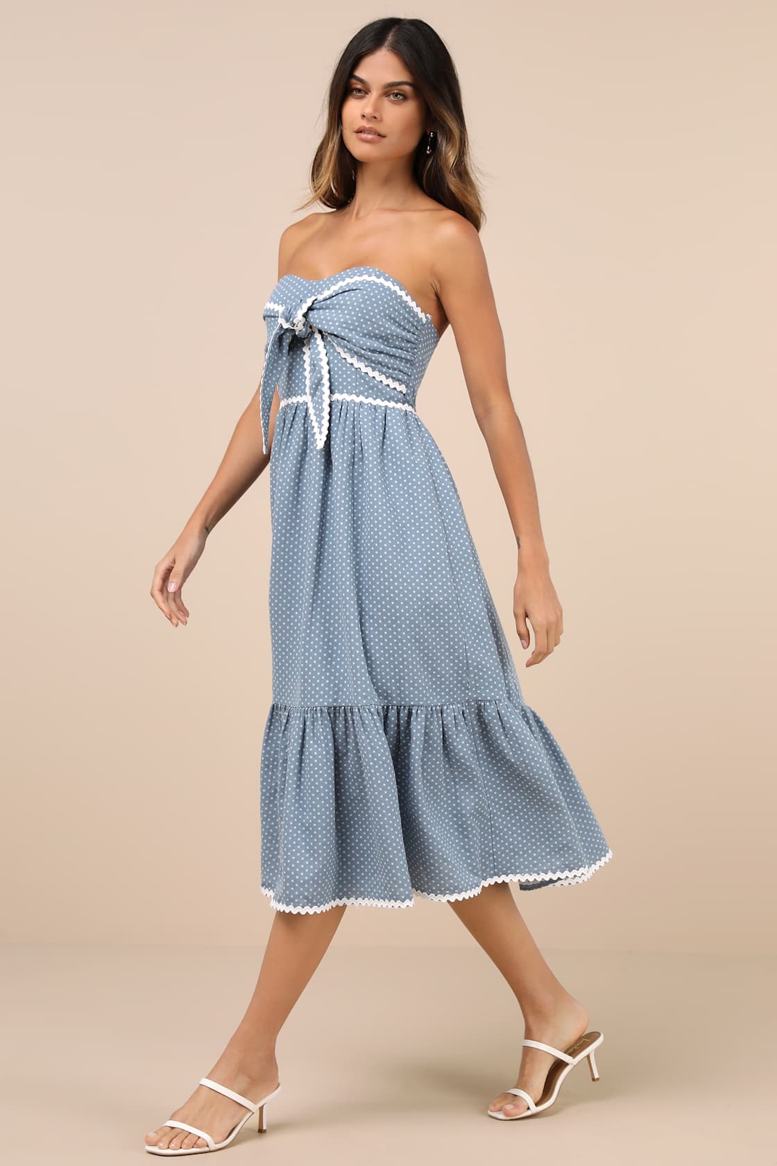 Delightful Design Dusty Blue Polka Dot Midi Dress With Pockets