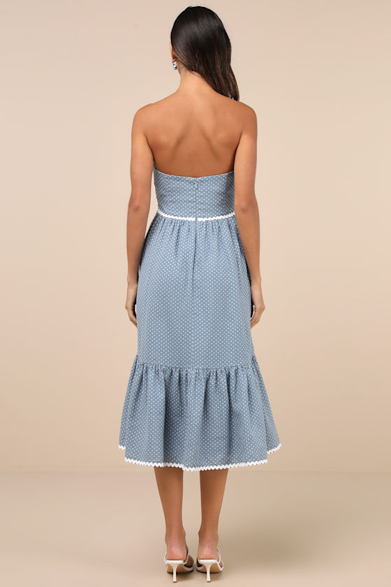 LULUS DELIGHTFUL DESIGN DUSTY BLUE POLKA DOT MIDI DRESS WITH POCKETS 