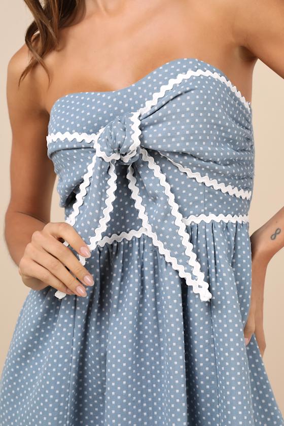 LULUS DELIGHTFUL DESIGN DUSTY BLUE POLKA DOT MIDI DRESS WITH POCKETS 