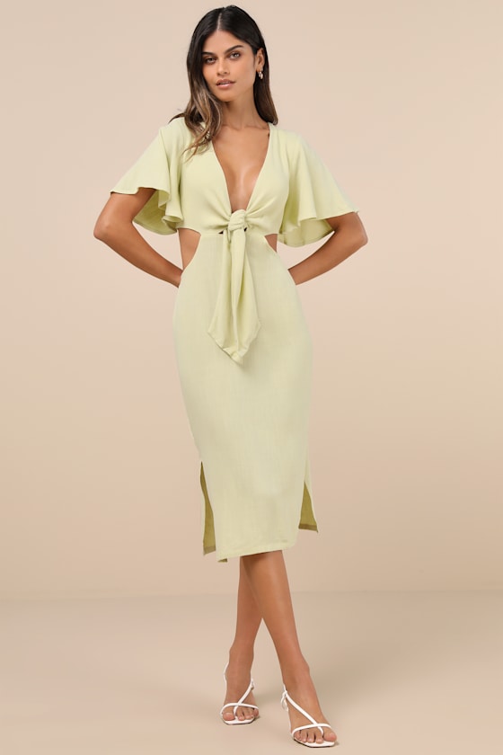 Image of Summer Journey Light Green Tie-Front Cutout Midi Dress