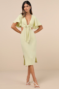 Summer Journey Light Green Tie-Front Cutout Midi Dress