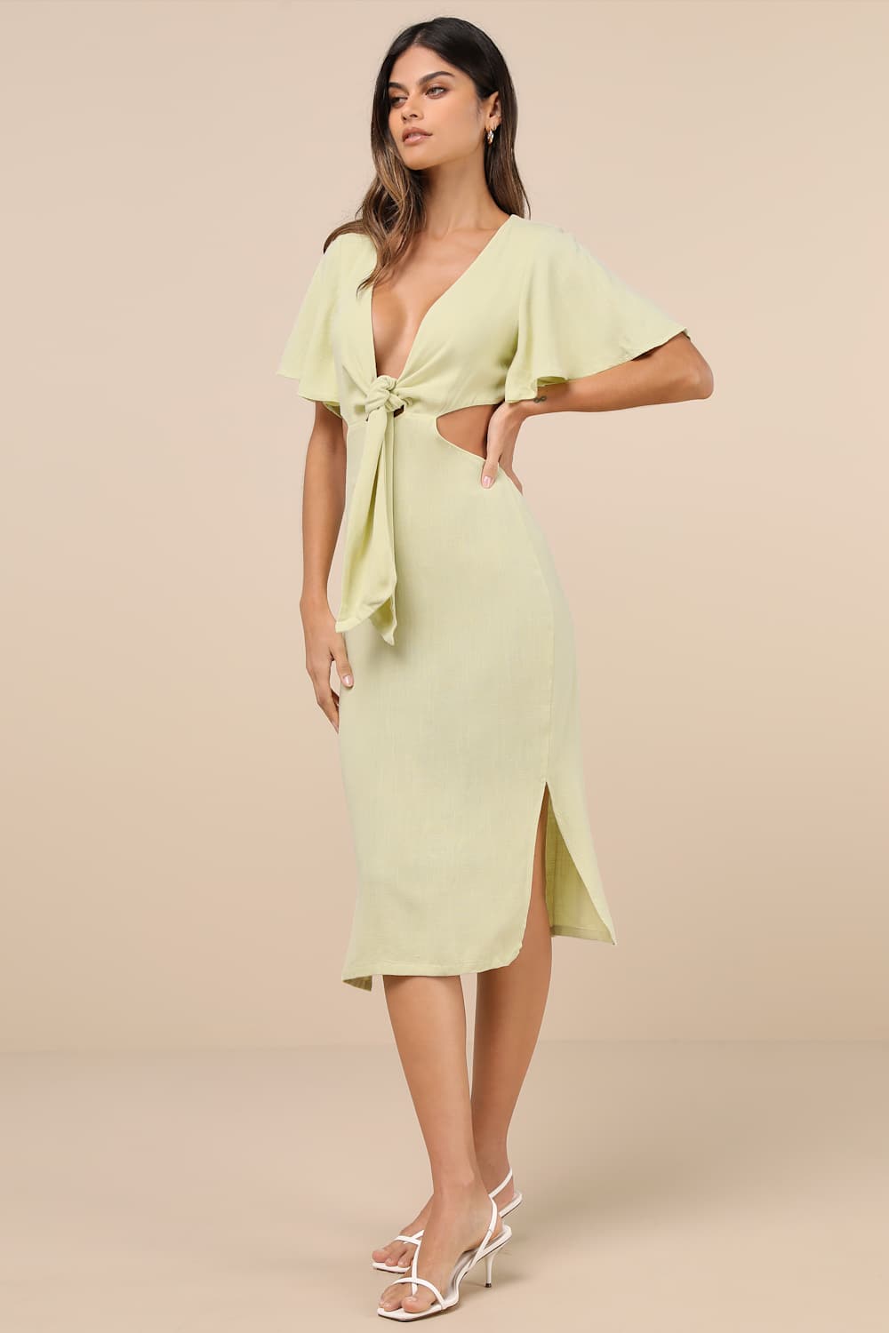 Summer Journey Light Green Tie-Front Cutout Midi Dress