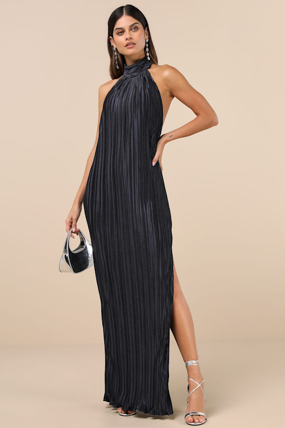 Lulus Gwenny Dark Navy Satin Plisse Maxi Dress In Navy