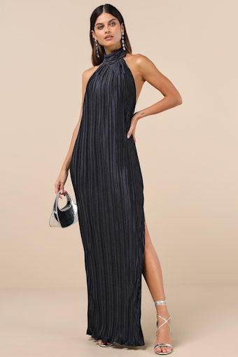 Gwenny Dark Navy Satin Plisse Maxi Dress 2