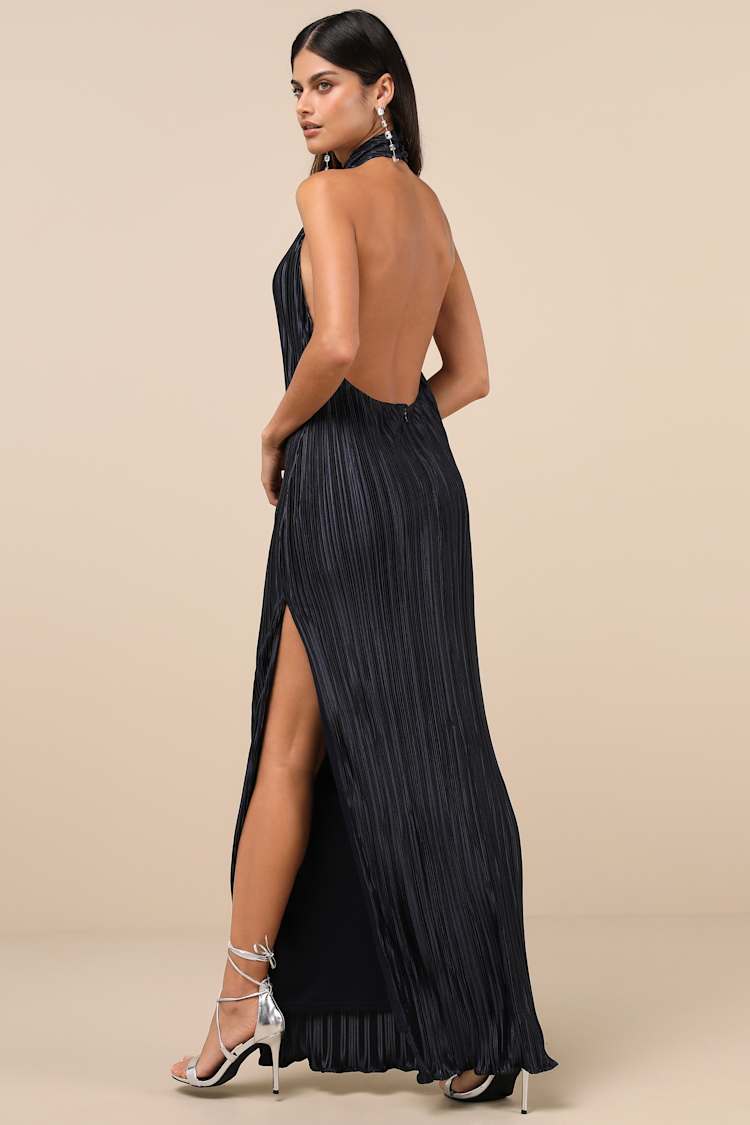 Gwenny Dark Navy Satin Plisse Maxi Dress