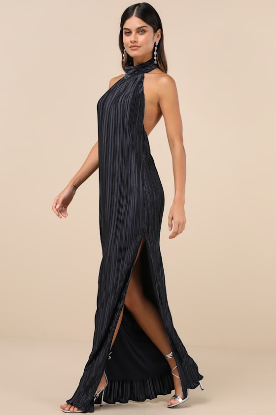 Lulus Gwenny Dark Navy Satin Plisse Maxi Dress In Navy