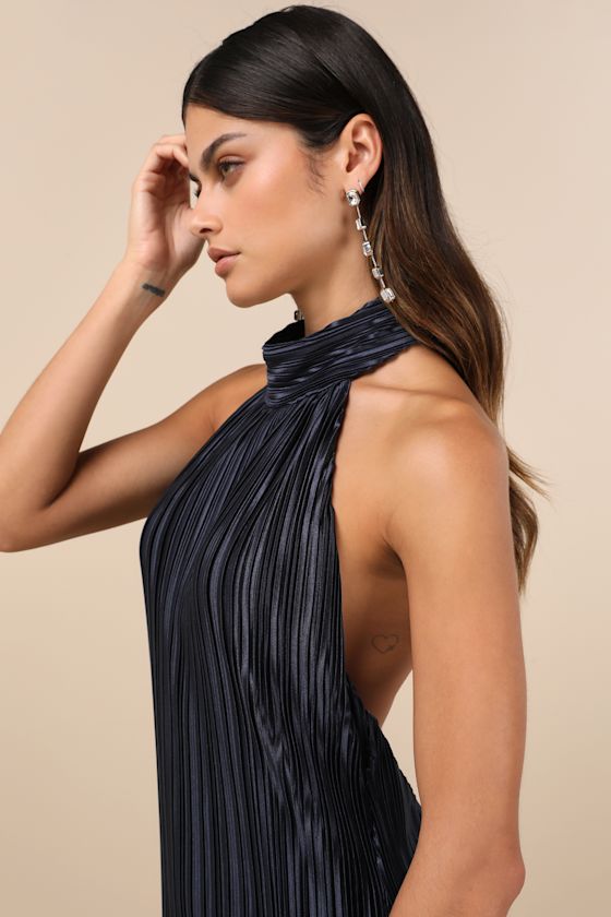 Lulus Gwenny Dark Navy Satin Plisse Maxi Dress In Navy