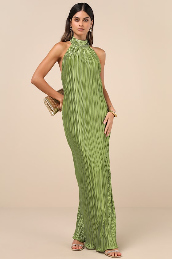 Gwenny Lime Green Satin Plisse Maxi Dress 2