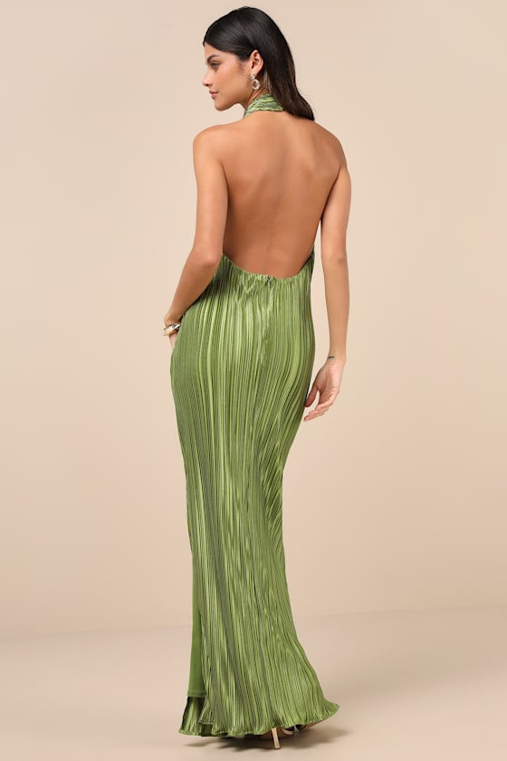 Lulus Gwenny Lime Green Satin Plisse Maxi Dress In Green