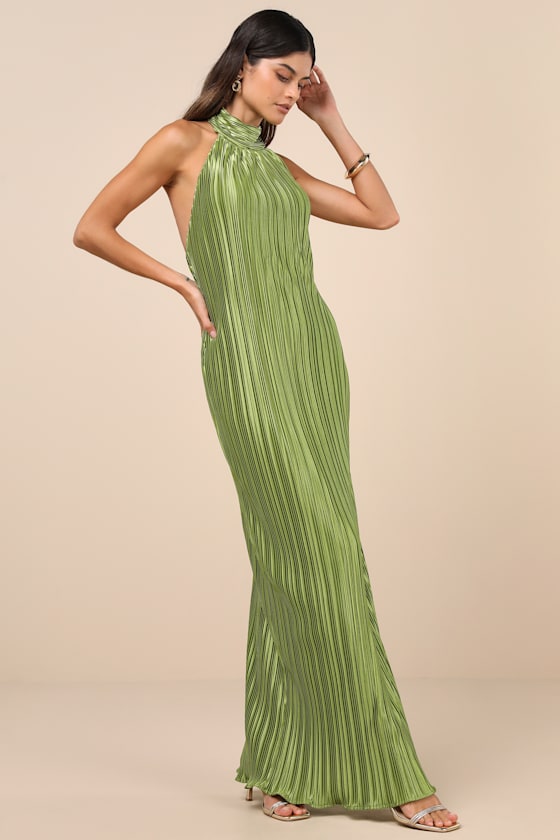 Lulus Gwenny Lime Green Satin Plisse Maxi Dress In Green