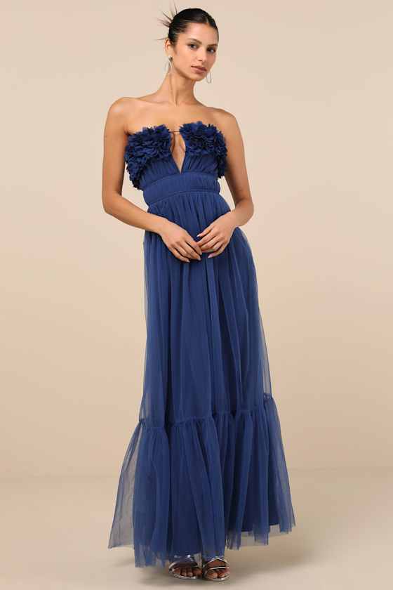 Lulus Chic Spectacle Navy 3d Applique Strapless Maxi Dress In Navy