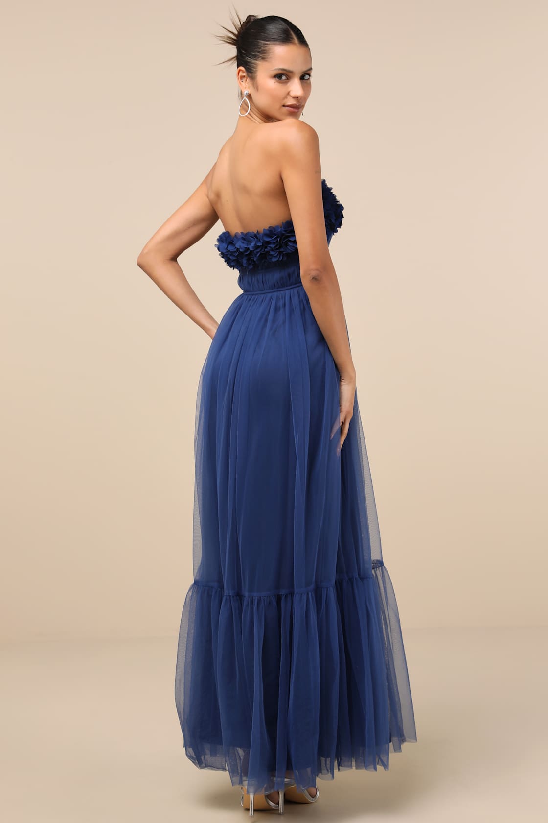 Chic Spectacle Navy 3D Applique Strapless Maxi Dress
