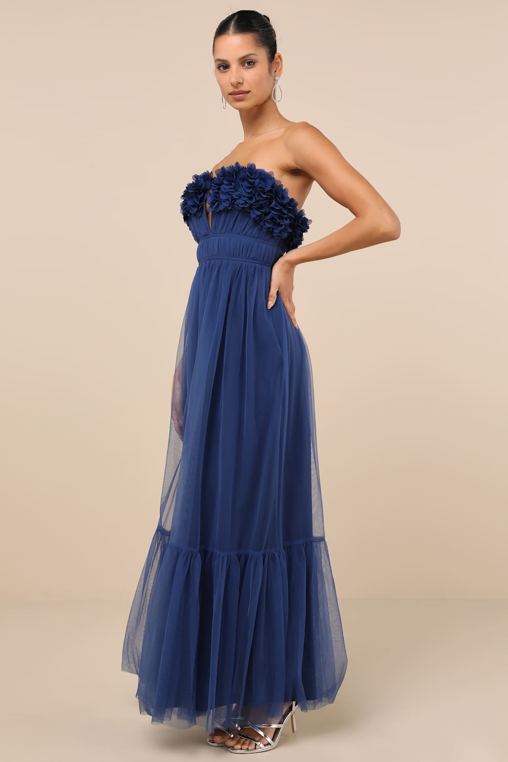 Chic Spectacle Navy 3D Applique Strapless Maxi Dress