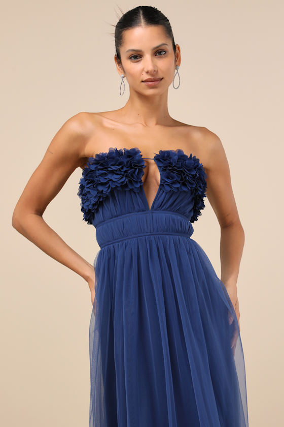 Lulus Chic Spectacle Navy 3d Applique Strapless Maxi Dress In Navy