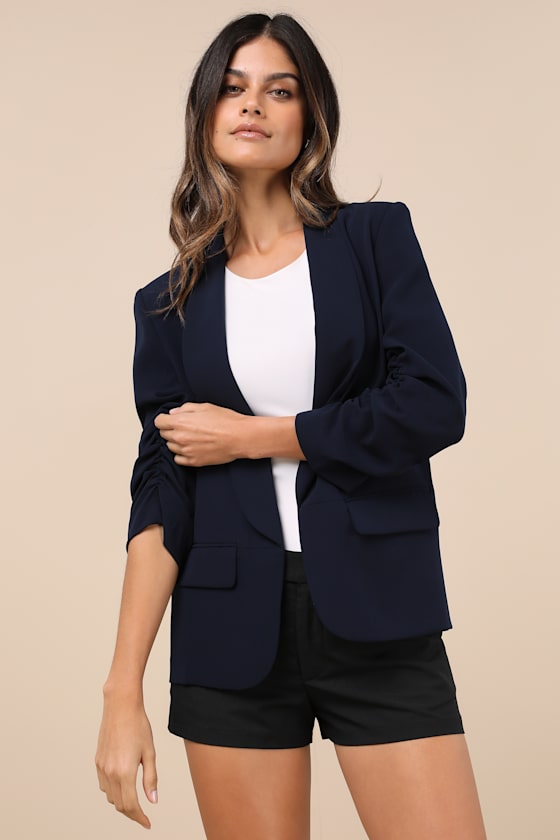 Lulus Established Excellence Dark Navy Ruched Blazer In Navy