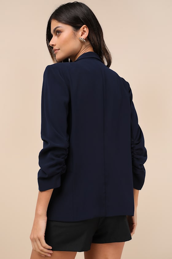 Lulus Established Excellence Dark Navy Ruched Blazer In Navy