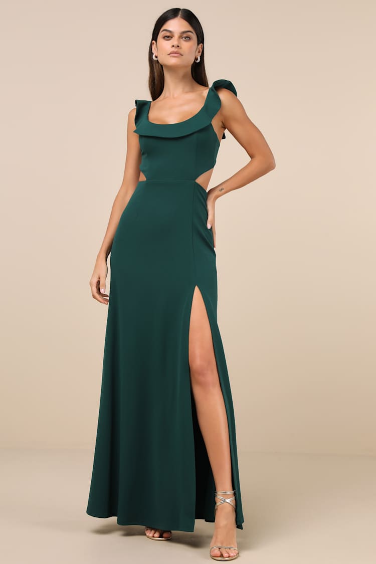 slim fit dress slacks Emerald Green Ruffle Shoulder V-Neck Chiffon Gown main image 0