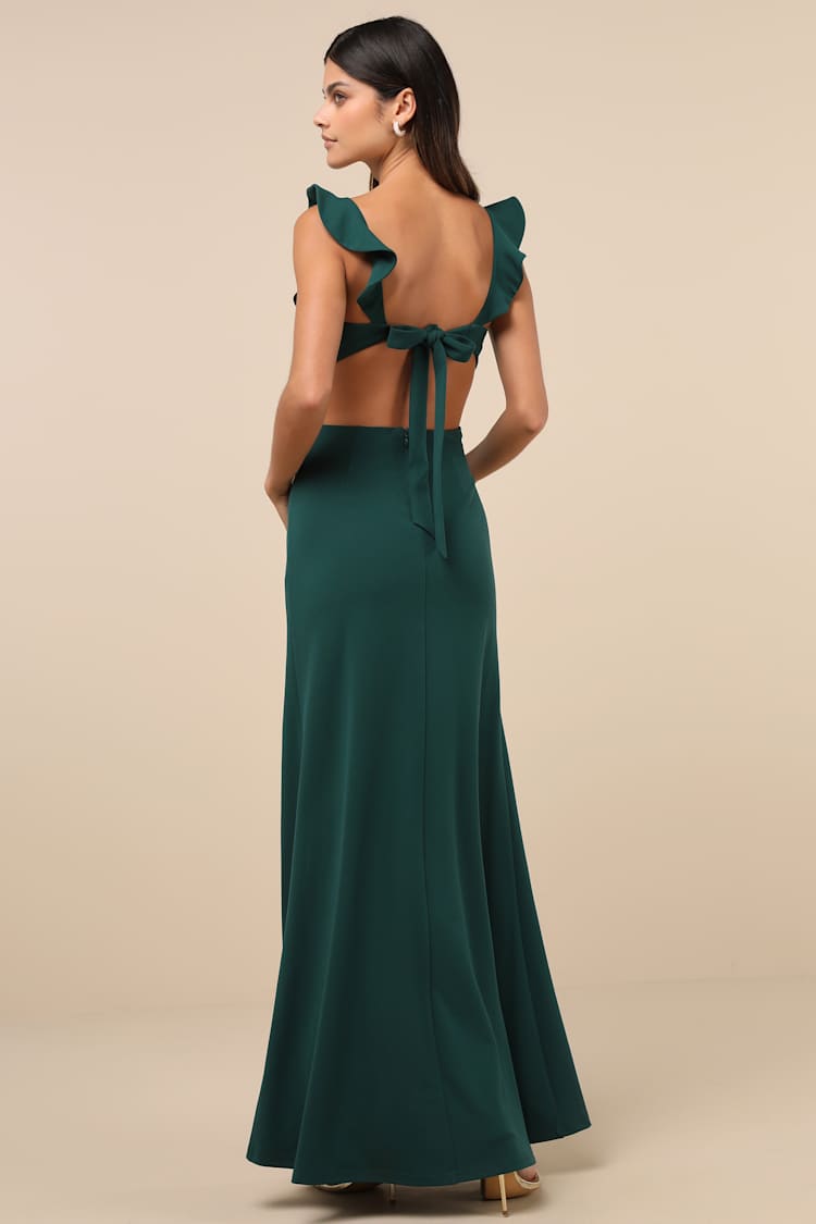 Captivating Charisma Emerald Ruffled Cutout Tie-Back Maxi Dress