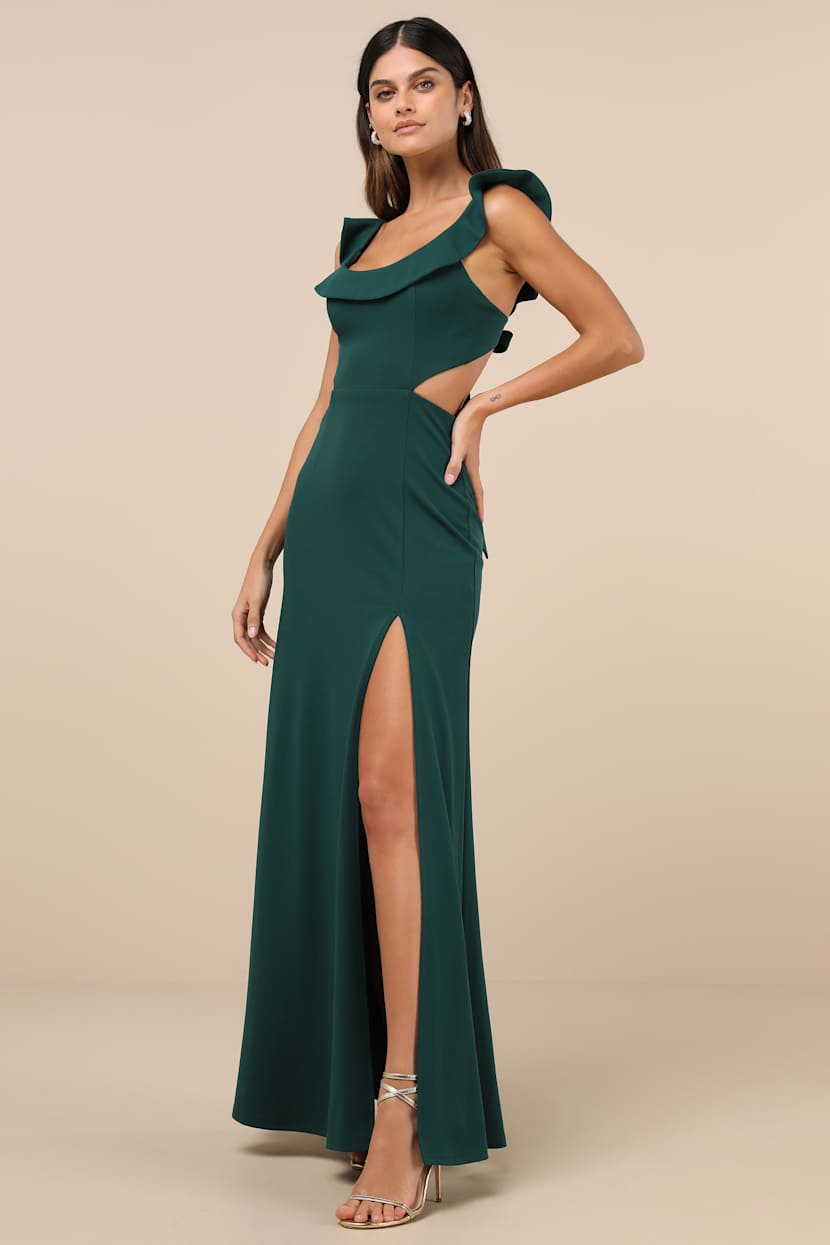 Captivating Charisma Emerald Ruffled Cutout Tie-Back Maxi Dress