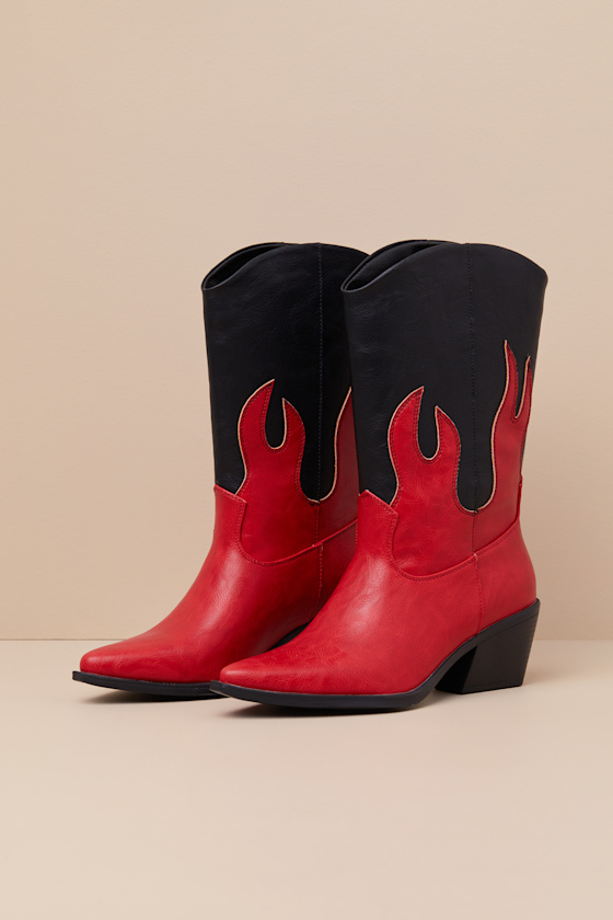 Lulus Ramblen Black And Red Mid-calf Western Boots In Black
