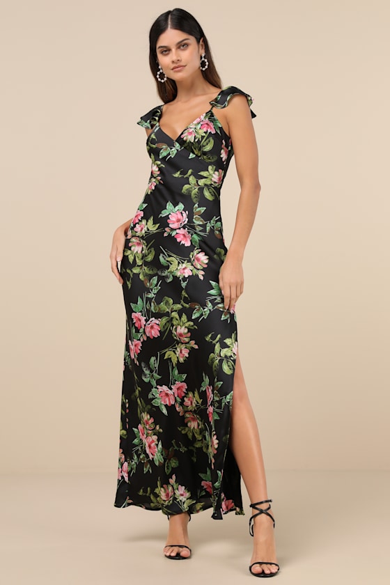 Image of Captivating Grace Black Floral Satin Ruffled Maxi Dress