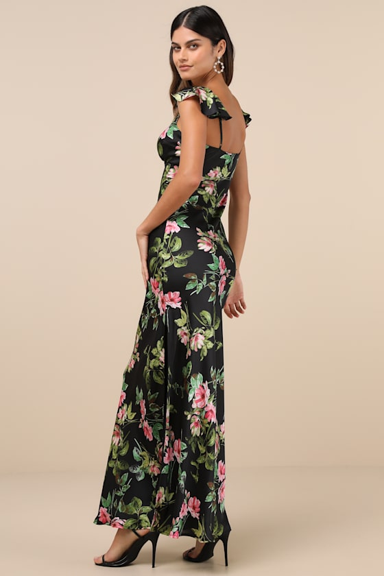 Captivating Grace Black Floral Satin Ruffled Maxi Dress