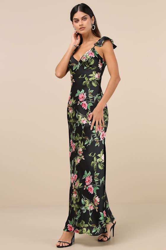 Captivating Grace Black Floral Satin Ruffled Maxi Dress