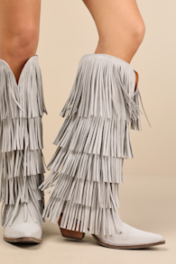 Wild Child White Suede Fringe Over-the-Knee Western Boots 1