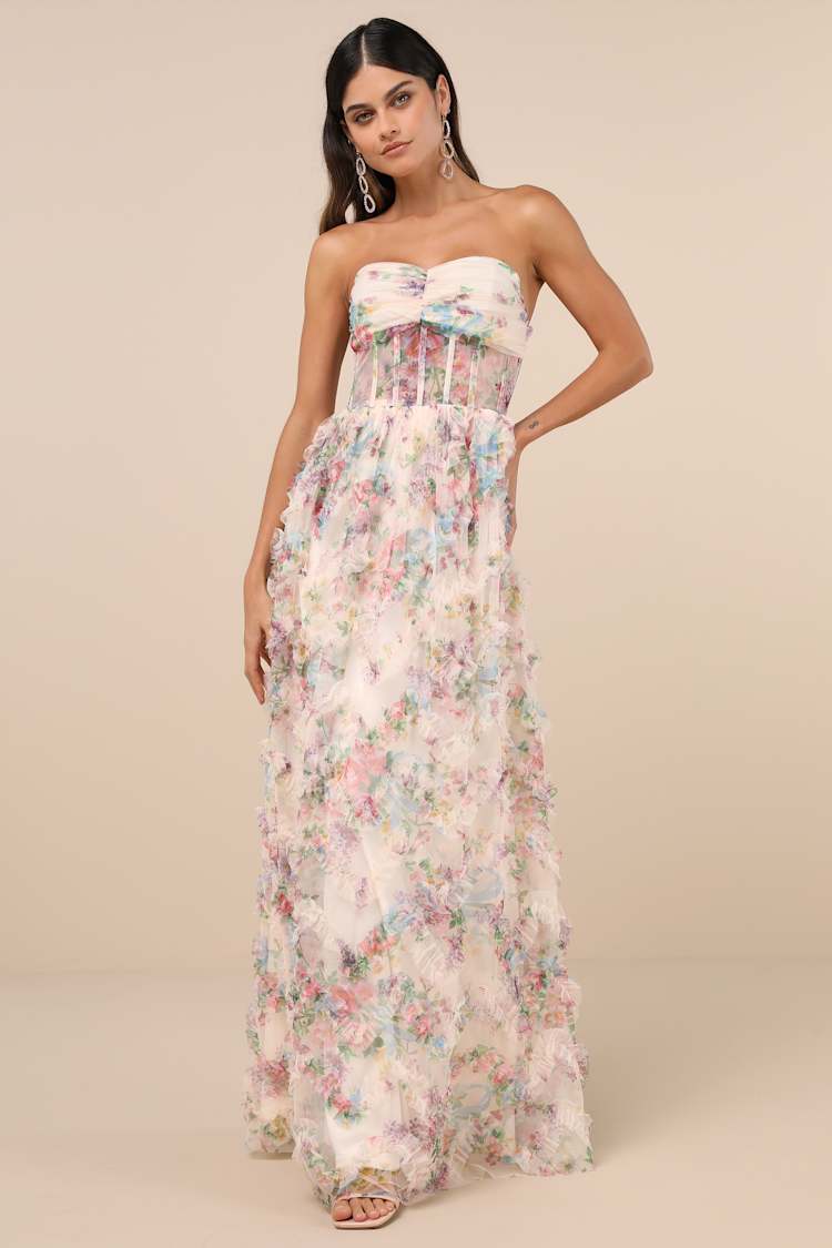 refinement beige floral print ruched strapless maxi dress Cream Floral Dress - Mesh Dress - Ruffled Strapless Maxi Dress