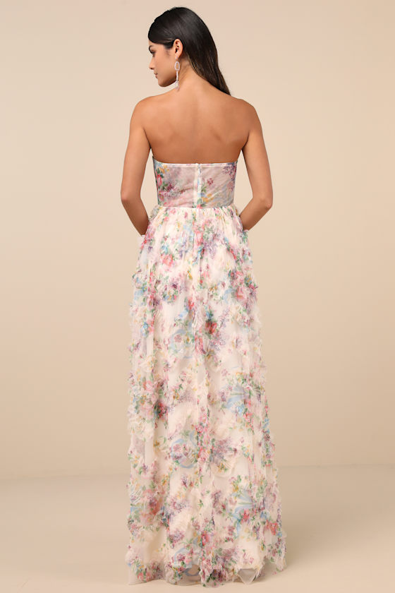 Shop Lulus Stunning Element Cream Floral Mesh Ruffled Strapless Maxi Dress In White