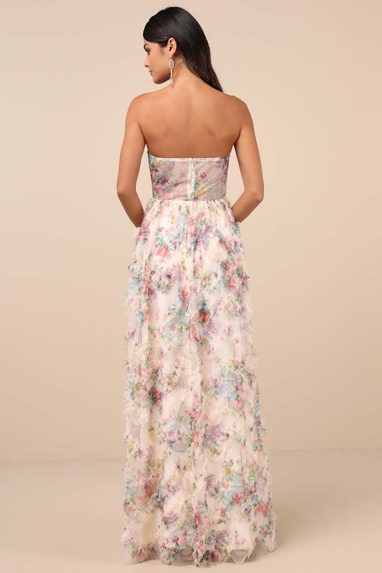 Stunning Element Cream Floral Mesh Ruffled Strapless Maxi Dress