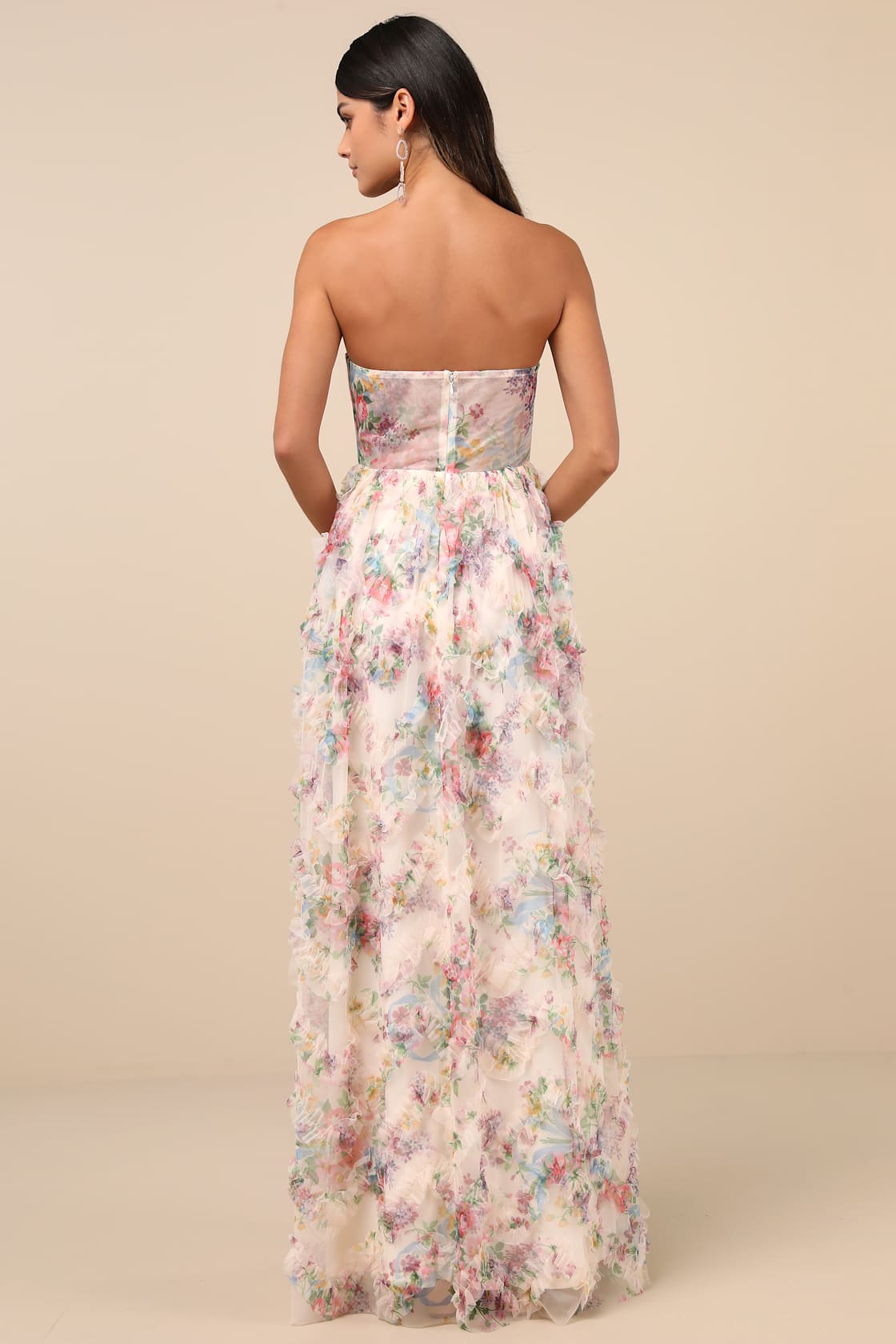 Stunning Element Cream Floral Mesh Ruffled Strapless Maxi Dress