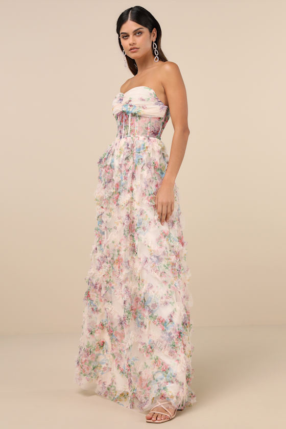 Shop Lulus Stunning Element Cream Floral Mesh Ruffled Strapless Maxi Dress In White