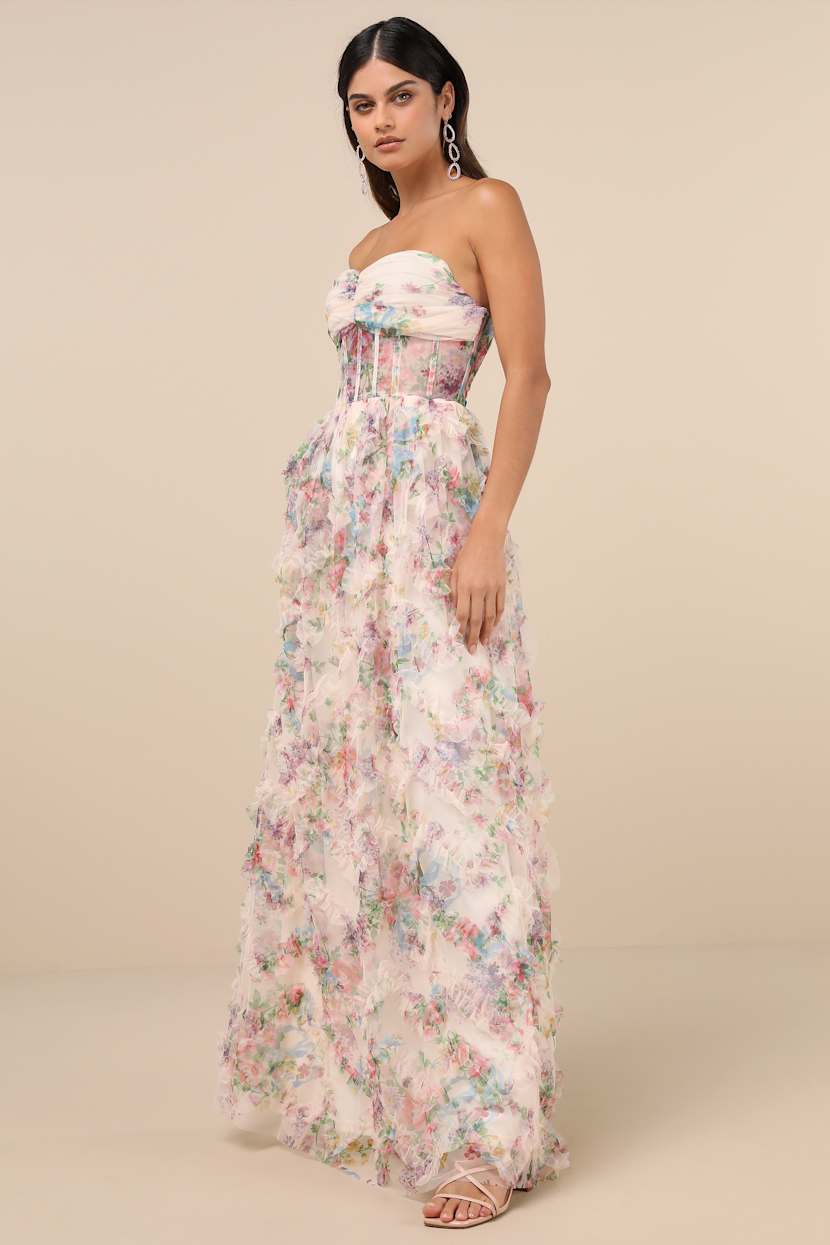 Stunning Element Cream Floral Mesh Ruffled Strapless Maxi Dress