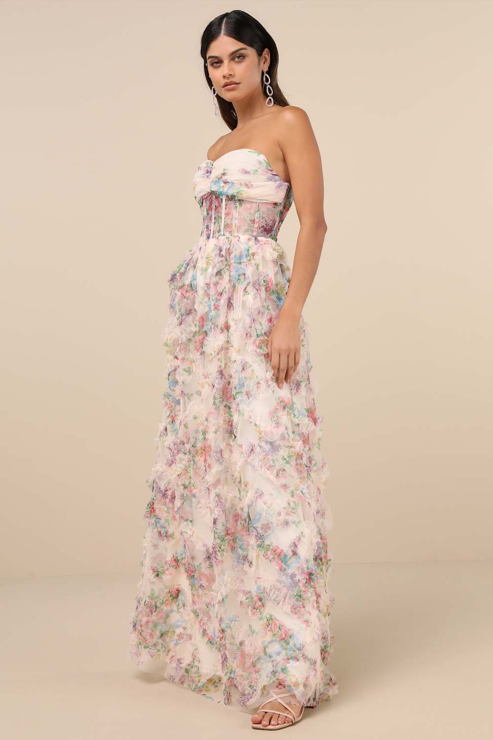 Stunning Element Cream Floral Mesh Ruffled Strapless Maxi Dress