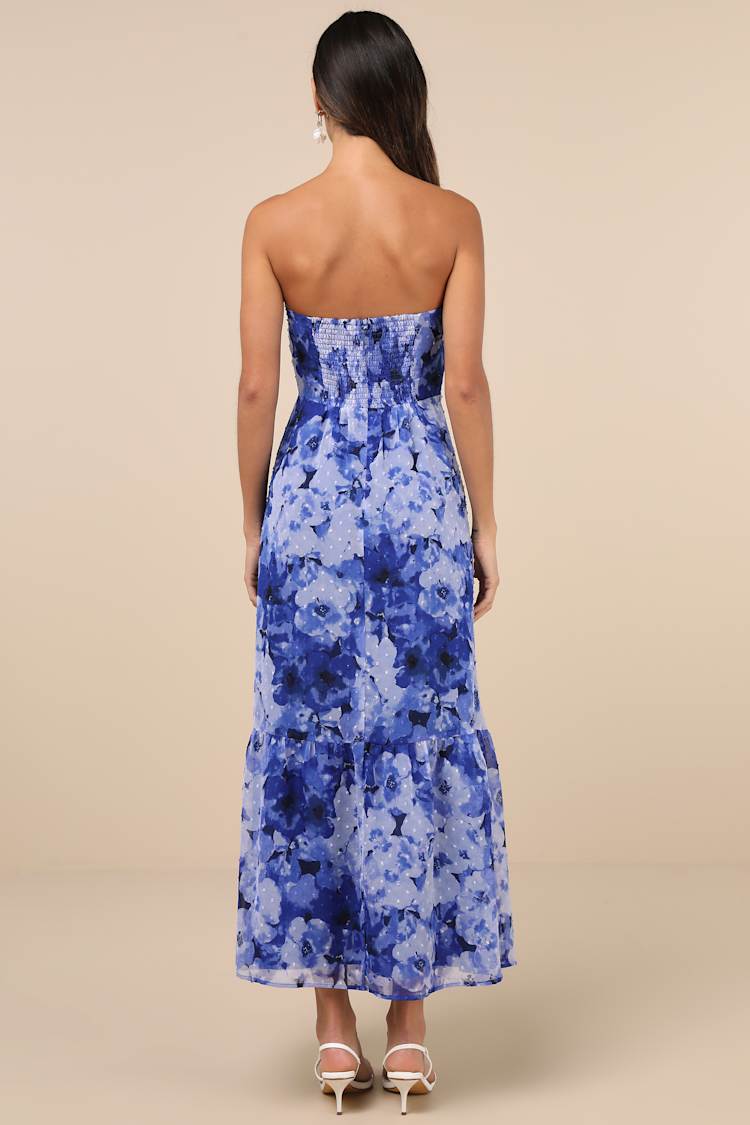Bright Perspective Blue and Lavender Floral Strapless Midi Dress