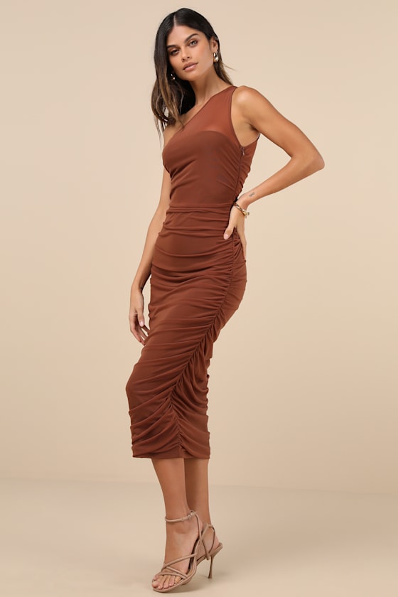 Lulus Kiden Brown Mesh Ruched One-shoulder Midi Dress In Brown