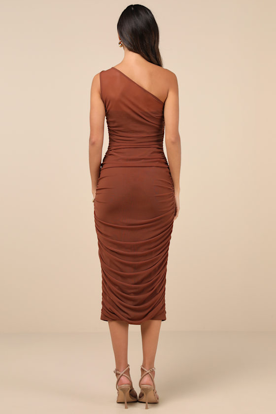 Lulus Kiden Brown Mesh Ruched One-shoulder Midi Dress In Brown