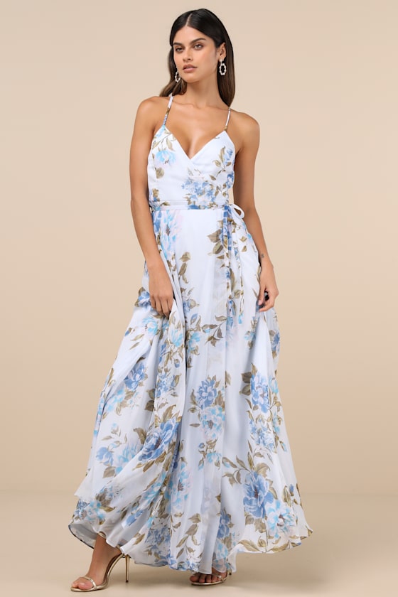 Oh-So Romantic Pale Blue Floral Print Sleeveless Wrap Maxi Dress