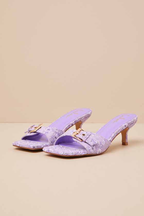 Lulus Austina Purple Embroidered Buckle High Heel Slide Sandals In Purple