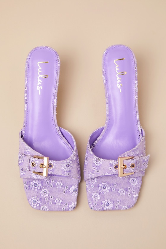 Lulus Austina Purple Embroidered Buckle High Heel Slide Sandals In Purple