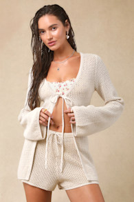 Antoine Cream Crochet Long Sleeve Tie-Front Swim Cover-Up Top