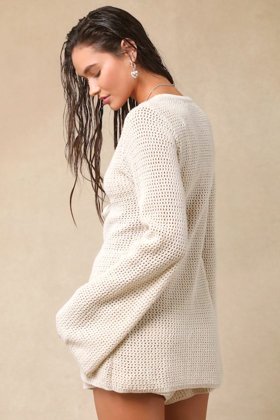 Antoine Cream Crochet Long Sleeve Tie-Front Swim Cover-Up Top 2