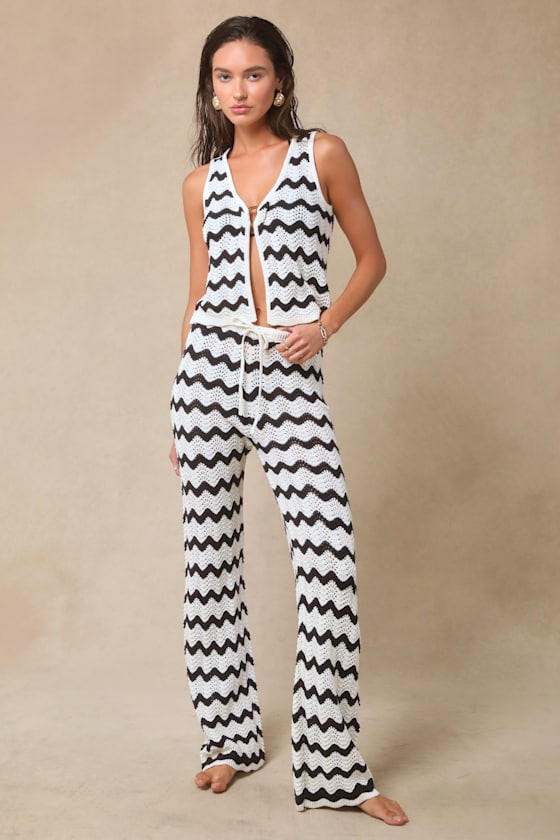 4th & Reckless Anna Ivory And Navy Striped Crochet Swim Cover-up Top In Navy